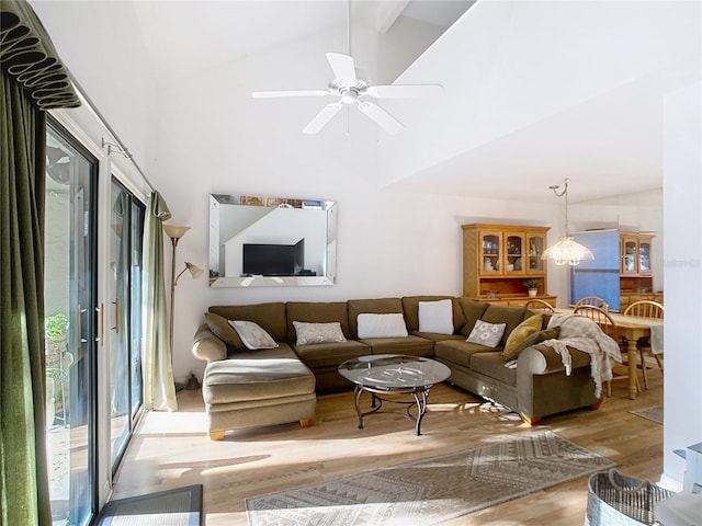 living room featuring high vaulted ceiling, wood finished floors, and ceiling fan with notable chandelier