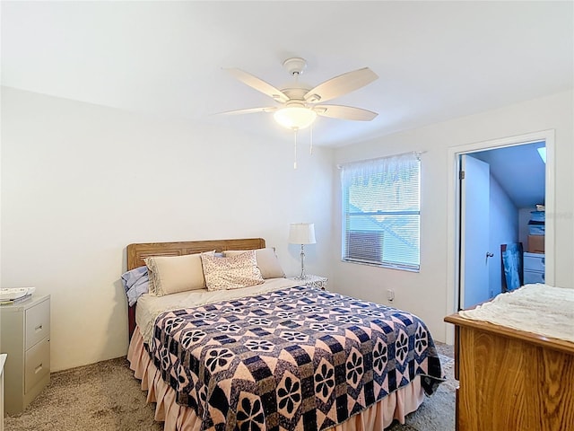 bedroom featuring light carpet and ceiling fan