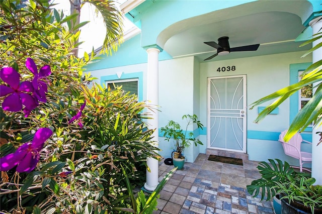 entrance to property featuring stucco siding and a ceiling fan