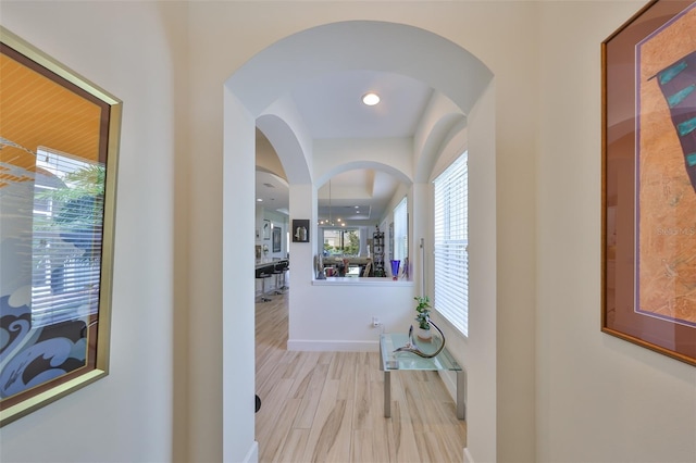 807 Chipper Dr, Sun City Center, FL 33573 - hall with arched walkways, light wood-type flooring, and baseboards