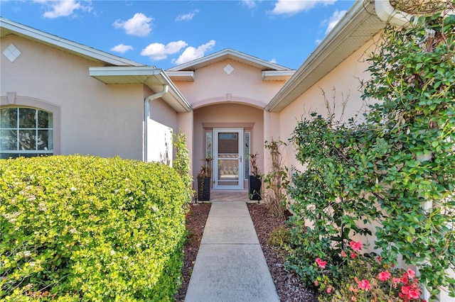 view of exterior entry featuring stucco siding