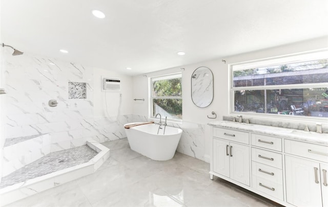 full bathroom with tile walls, tiled shower, a freestanding tub, vanity, and a wall mounted AC