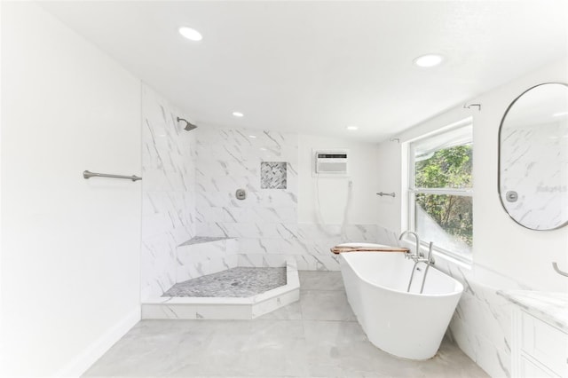 bathroom with marble finish floor, a wall mounted AC, a walk in shower, recessed lighting, and a soaking tub