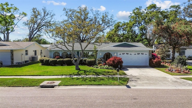 ranch-style home featuring cooling unit, stucco siding, a front lawn, concrete driveway, and a garage