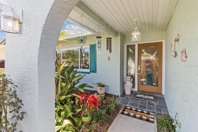 view of exterior entry with stucco siding