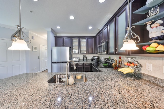 kitchen with tasteful backsplash, glass insert cabinets, dark stone counters, stainless steel appliances, and a sink