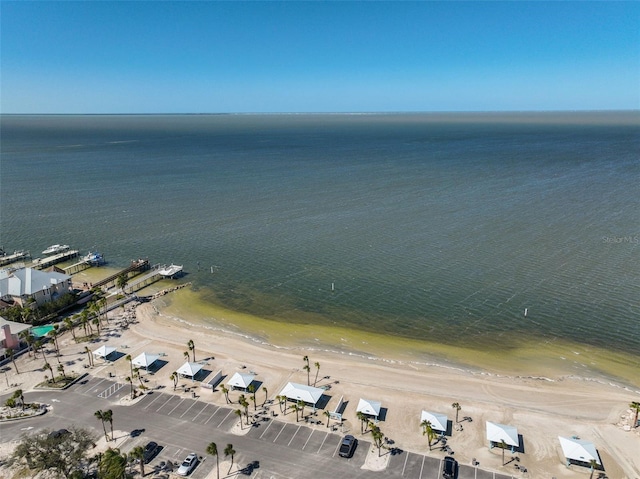 drone / aerial view featuring a water view and a beach view