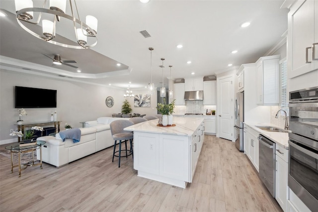 kitchen with a sink, stainless steel appliances, under cabinet range hood, a raised ceiling, and open floor plan