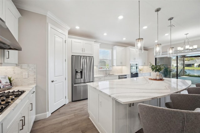 kitchen with a sink, appliances with stainless steel finishes, exhaust hood, and crown molding