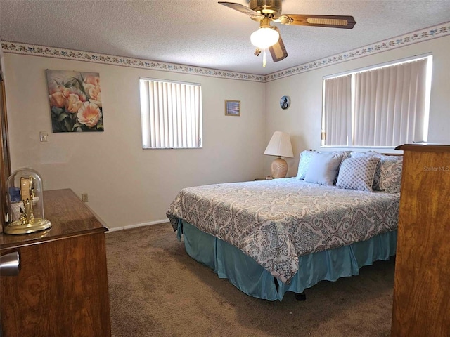 bedroom featuring baseboards, a textured ceiling, ceiling fan, and carpet flooring