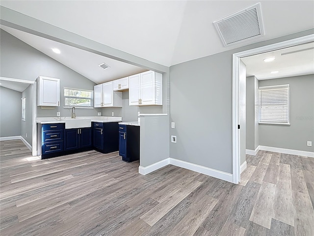 kitchen featuring a sink, visible vents, blue cabinetry, and light wood-style floors