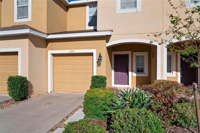 view of exterior entry featuring stucco siding, an attached garage, and concrete driveway