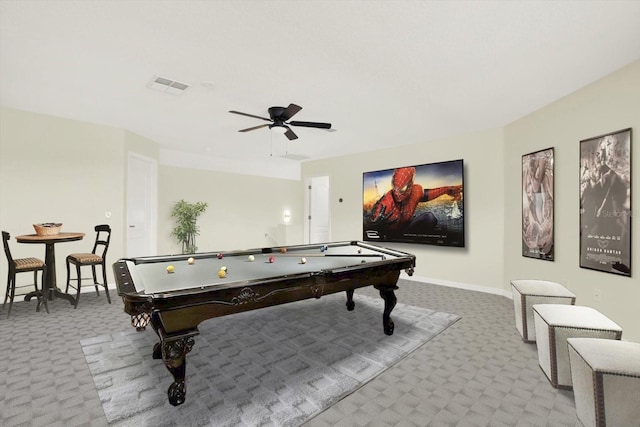 game room featuring carpet floors, ceiling fan, pool table, and visible vents