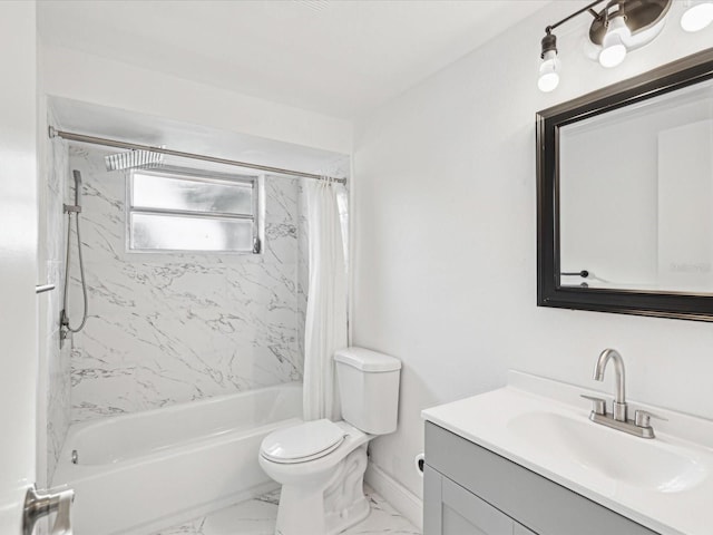 full bath with toilet, marble finish floor, shower / tub combo, baseboards, and vanity