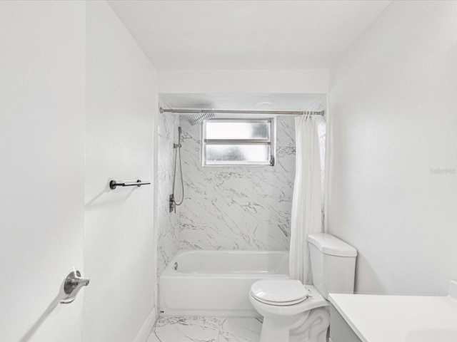 bathroom with toilet, marble finish floor, shower / bath combo, baseboards, and vanity