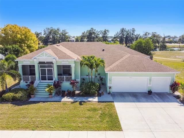 view of front of house featuring a front lawn, roof with shingles, covered porch, driveway, and an attached garage