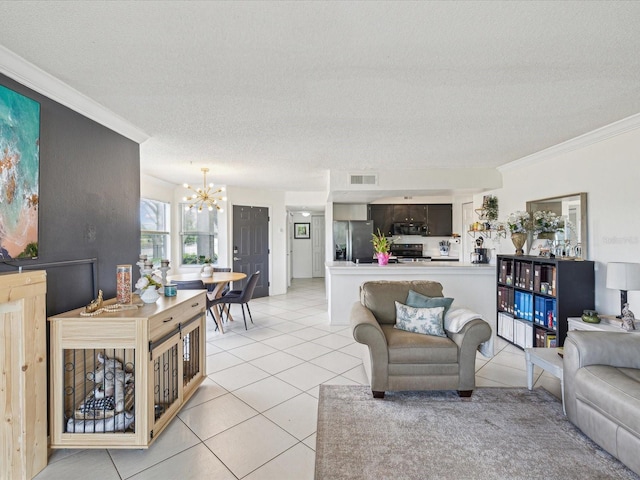 living area featuring an inviting chandelier, light tile patterned floors, visible vents, and ornamental molding