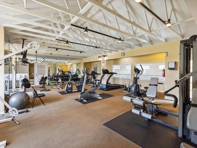 workout area with vaulted ceiling and carpet