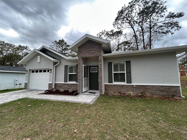 view of front of home with an attached garage, a front lawn, stucco siding, stone siding, and driveway