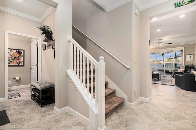 staircase with recessed lighting, baseboards, ceiling fan, and crown molding