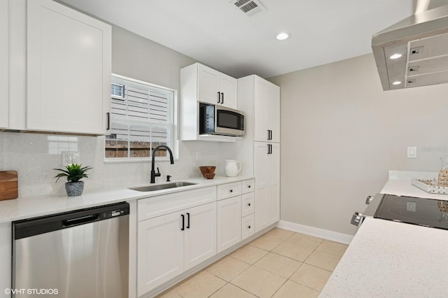 kitchen with visible vents, a sink, appliances with stainless steel finishes, white cabinets, and light countertops