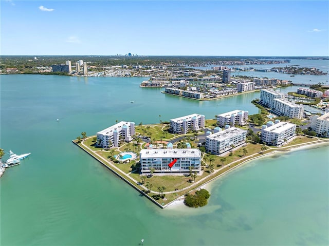 bird's eye view with a city view and a water view