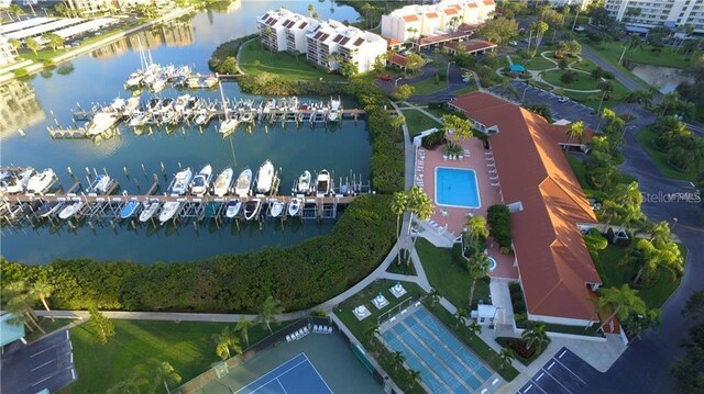 aerial view featuring a water view