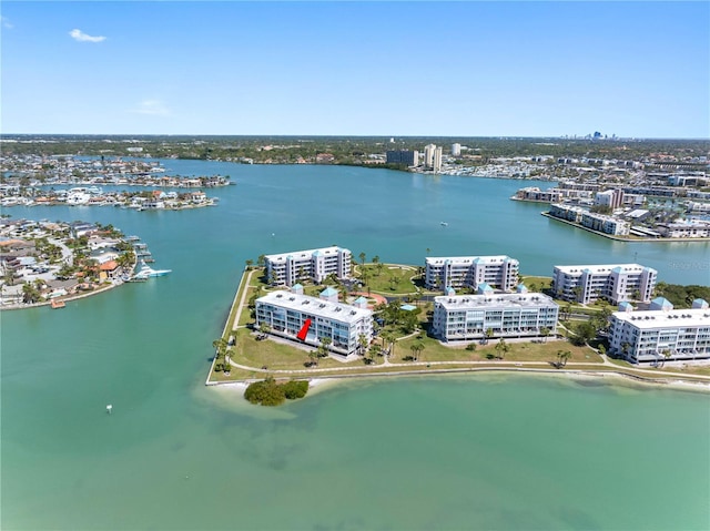 aerial view with a city view and a water view