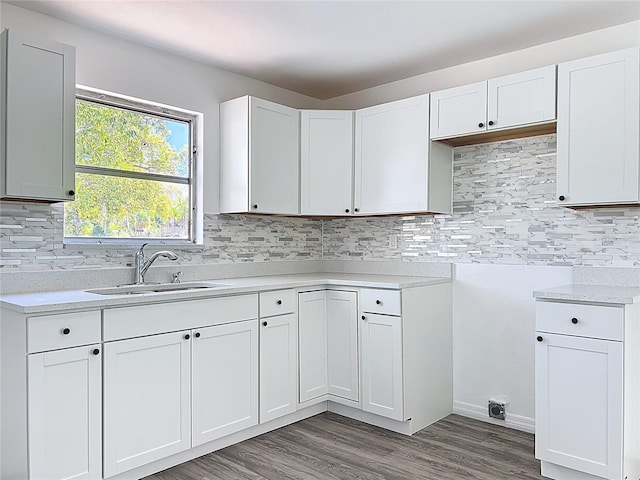 kitchen with tasteful backsplash, wood finished floors, light countertops, and a sink