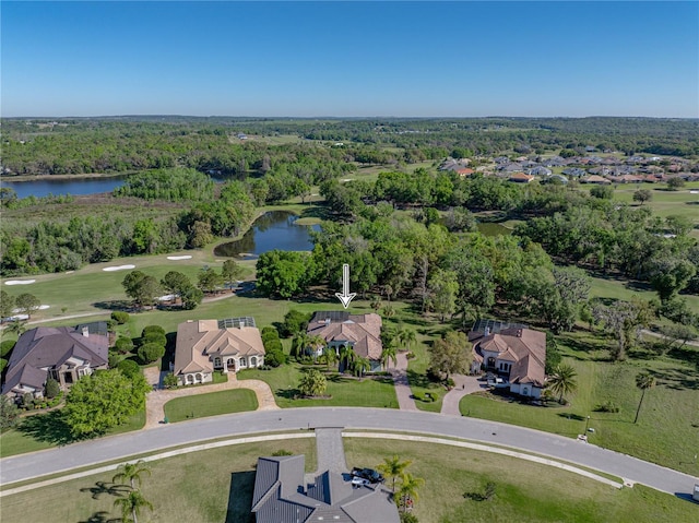 drone / aerial view featuring a water view and a view of trees