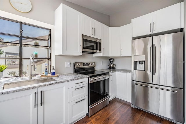 kitchen with dark wood-type flooring, a sink, stainless steel appliances, light stone countertops, and a healthy amount of sunlight