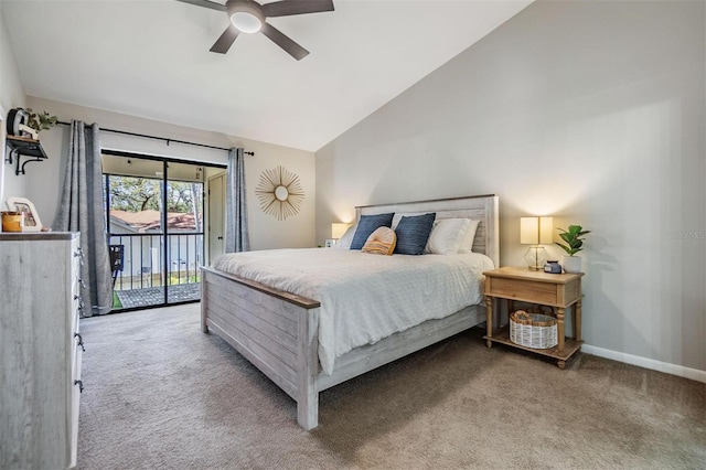 bedroom with baseboards, ceiling fan, vaulted ceiling, light carpet, and access to outside