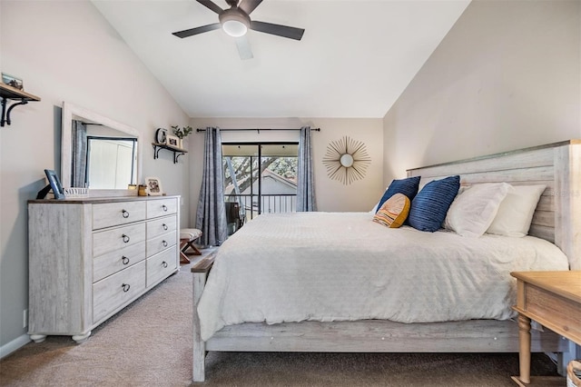 bedroom featuring lofted ceiling, a ceiling fan, and light carpet