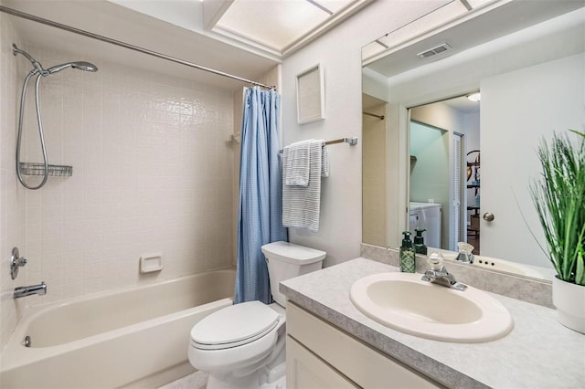 full bath with vanity, shower / bath combination with curtain, toilet, and visible vents