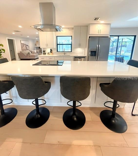 kitchen with visible vents, light countertops, range hood, stainless steel appliances, and a sink