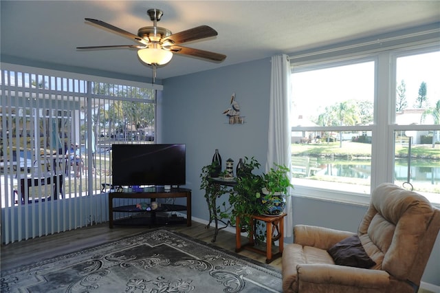 living area with wood finished floors, a wealth of natural light, and ceiling fan