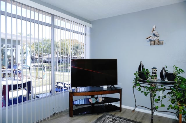 living area featuring baseboards and wood finished floors