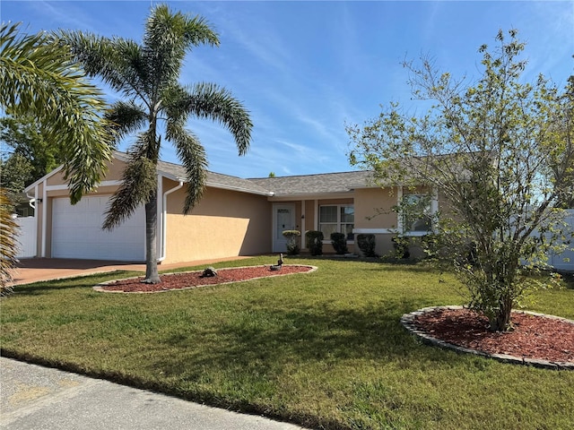 ranch-style house with stucco siding, an attached garage, concrete driveway, and a front lawn