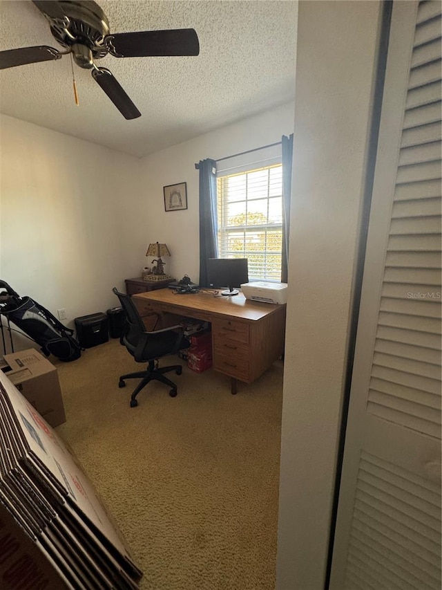 carpeted office space with a textured ceiling and a ceiling fan