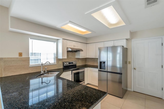 5014 Sterling Manor Dr, Tampa, FL 33647 - kitchen with appliances with stainless steel finishes, under cabinet range hood, a sink, tasteful backsplash, and dark stone countertops