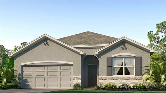 single story home featuring a shingled roof, concrete driveway, stucco siding, stone siding, and an attached garage