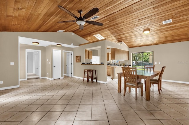 31632 Spruce Dr, Eustis, FL 32736 - dining area with wooden ceiling, lofted ceiling, ceiling fan, light tile patterned floors, and baseboards
