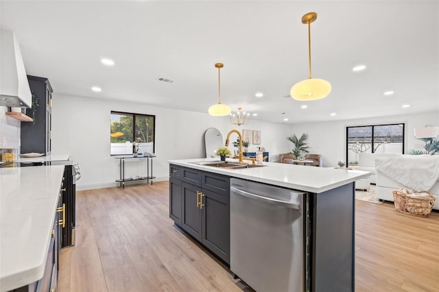 kitchen with visible vents, light wood-type flooring, a sink, stainless steel dishwasher, and light countertops