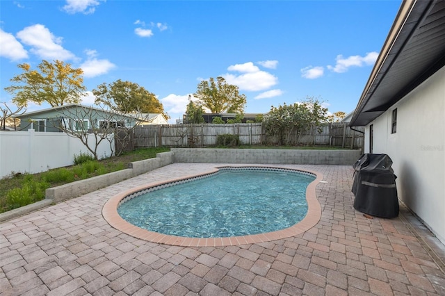 view of swimming pool with a patio area, a fenced in pool, and a fenced backyard