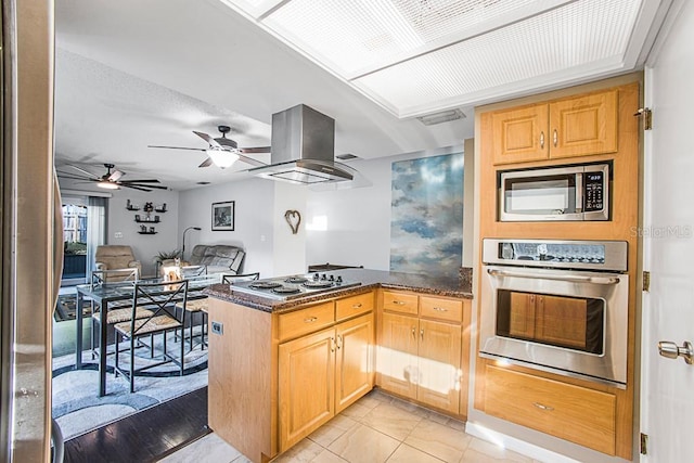 kitchen featuring open floor plan, a peninsula, island range hood, stainless steel appliances, and a ceiling fan