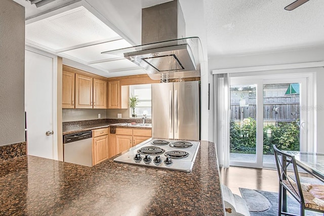 kitchen featuring a wealth of natural light, stainless steel appliances, dark countertops, and light brown cabinets