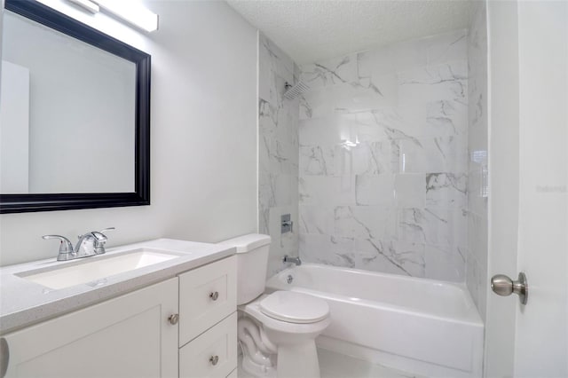 bathroom with a textured ceiling, toilet, vanity, and shower / bathtub combination