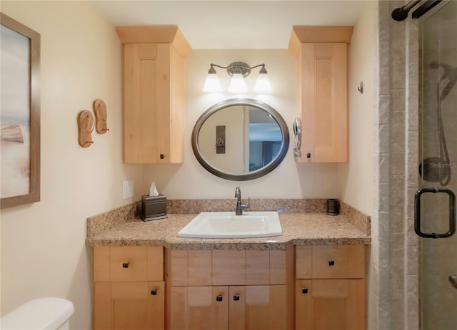 bathroom with a stall shower, toilet, and vanity