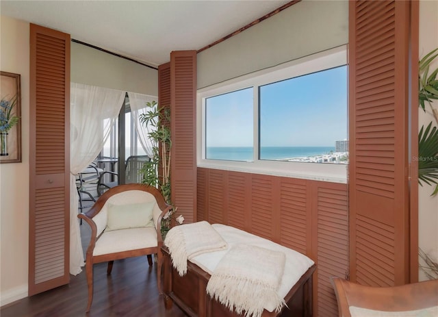 living area featuring dark wood-style flooring and a water view