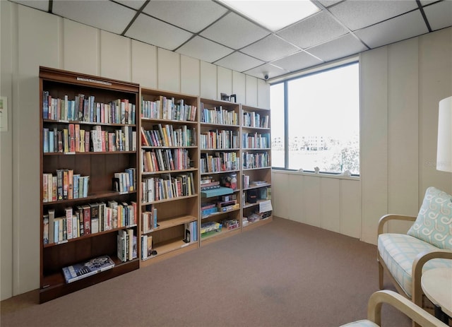 living area featuring a decorative wall, carpet, and a drop ceiling